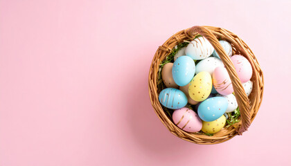 Basket brimming with vibrant Easter eggs, each miniature masterpiece of pastel hues, creates joyful and festive atmosphere perfect for spring celebrations