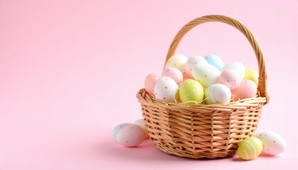 Basket brimming with vibrant Easter eggs, each miniature masterpiece of pastel hues, creates joyful and festive atmosphere perfect for spring celebrations