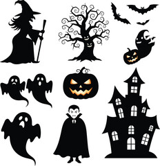 Flat Black and White Halloween Silhouettes Collection