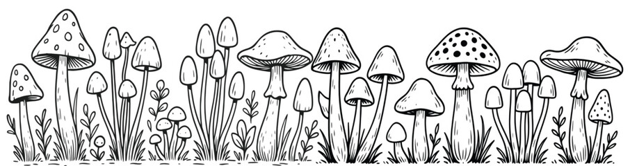 Hand-Drawn Mushroom Forest Border Clipart Black and White Fungi Illustration with Grass and Plants