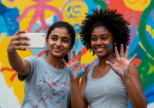 Two women taking a selfie with painted hands in front of a colorful mural, capturing a moment of artistic expression and creative joy.