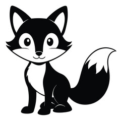 A cute fox with an adorable face and fluffy tail sits in black and white