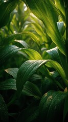 Obraz premium Sunlight filters through a dense cluster of corn plants, highlighting the rich green leaves that glisten with moisture. This peaceful moment captures the beauty of nature in a farming landscape