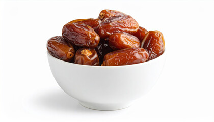Bowl brimming with plump, juicy dates showcases their rich brown hues glistening against clean background, evoking sense of indulgence and natural sweetness