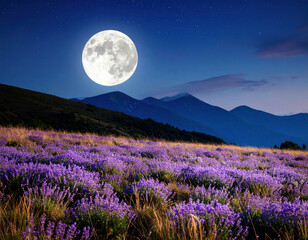 Breathtaking landscape features vibrant field of lavender under ethereal glow of full moon. serene mountains in background enhance tranquil atmosphere of this enchanting scene