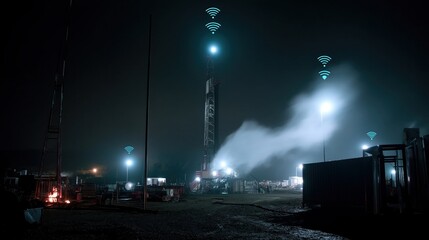 A nighttime scene at an oil well site illuminated by harsh floodlights featuring IoT nodes sending signals indicated by blinking lights emphasizing data transmission in low visibility.