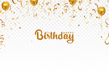 birthday golden confetti background with illustration of balloons and ribbons