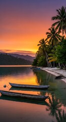 Tropical beach paradise sunset with boats and palm trees tranquil water scenery