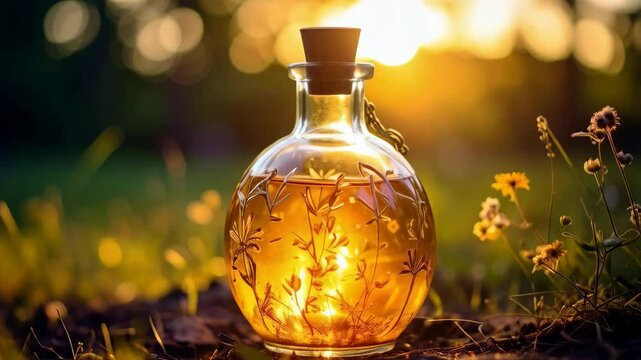 Glass potion bottle filled with golden liquid sits in a grassy meadow during sunset, creating an ethereal, natural scene