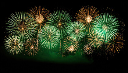 Breathtaking fireworks display illuminates night sky with vibrant bursts of green and gold, creating festive atmosphere filled with joy and celebration