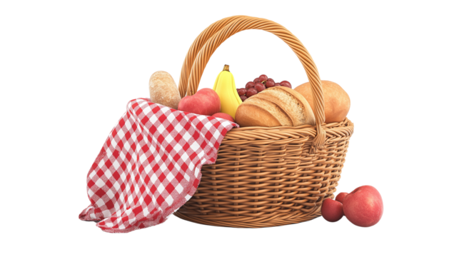 3D picnic basket icon filled with fruits and bread, summer leisure concept, white background, PNG