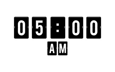Minimalist black and white flip clock display showing 05:00 AM.