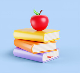Book stack with red apple on top. Cartoon 3d render icon of literature pile with color covers, paper pages and bookmark for reading and education concept. Textbooks on blue background. 3D illustration