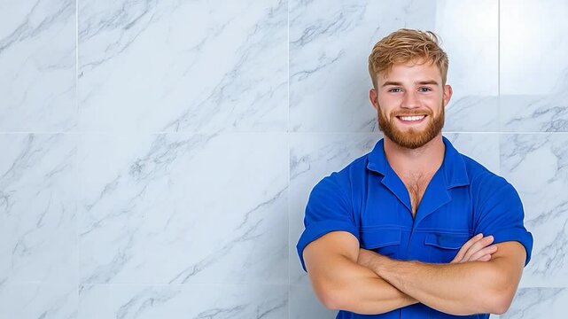 Confident Handyman Smiling in Blue Uniform