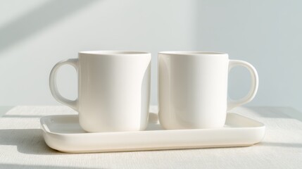Two White Mugs on a Tray in Soft Sunlight
