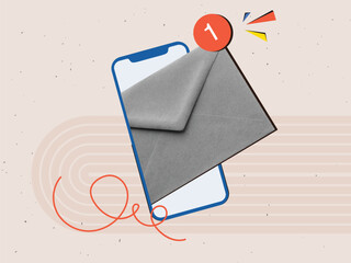 A phone with an unread letter in an envelope. Modern collage style. Vector illustration