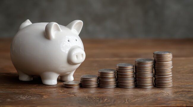 A white piggy bank sits beside stacks of coins arranged in increasing height on a wooden table, representing the importance of saving and financial planning over time
