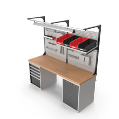 Industrial Workbench with Pegboard and Storage Drawers isolated on transparent background