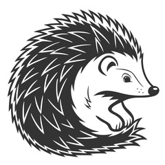 A monochrome hedgehog is curling into a ball on a white background