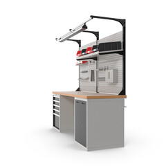 Industrial Workbench with Pegboard and Storage Drawers isolated on transparent background