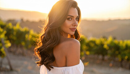 Closeup captures woman serene expression, bathed in soft warm light, with vineyard backdrop at sunset, creating tranquil and inviting atmosphere