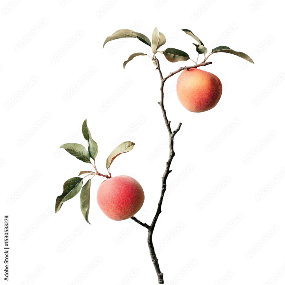 Poster two peaches on a branch abstract art colorful lines background