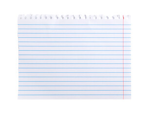 Single Torn Notebook Page with Blue Lines, Rough Edge Detail, Isolated on White