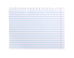 Single Torn Notebook Page with Blue Lines, Rough Edge Detail, Isolated on White