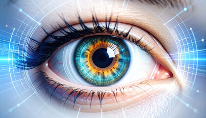 Closeup of human eye, showcasing its vibrant iris reflecting colors of life, surrounded by digital interface that enhances its high fidelity