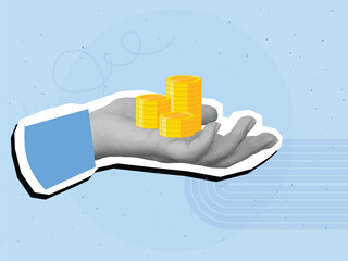 Black and white hand holding a stacks of gold coins. Modern photo collage style. Vector illustration
