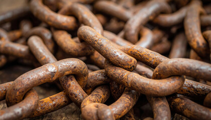 Closeup reveals weathered texture of rusty chain, its links interwoven with sense of history and strength. intricate details showcase beauty of decay and resilience