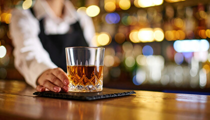 Bartender serves crystal glass of amber whiskey on chilled slate coaster, creating warm and inviting atmosphere in bar setting. blurred background adds to ambiance