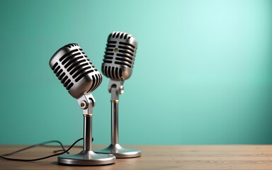 Vintage old microphones for press conference or interview on the oak table front gradient mint blue background. Retro style filtered photo. High quality