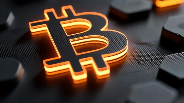 Illuminated bitcoin symbol on textured surface.