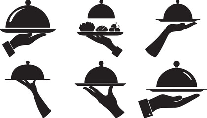 Waiter Hand Holding Cloche Silhouettes Vector Set