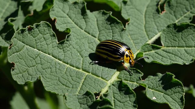 Colorado potato beetle exploring damaged potato leaf