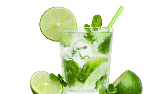 3D mojito cocktail icon with lime slices and mint leaves, clean white background, PNG 