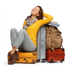 Woman traveler relaxing on luggage travel vacation planning journey happy trip preparation baggage