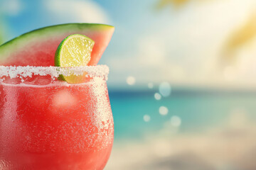 Close-up of frosty watermelon margarita in a salt rimmed glass garnished with a fresh lime wedge and juicy watermelon slice. Concept of summer refreshment, cocktail enjoyment and tropical beverage.
