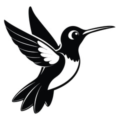 A simplistic black and white hummingbird flies with wings spread on a clean background