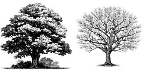A modern hand-drawn ink drawing is rendered in an engraving style, featuring a black deciduous tree silhouette against a white background, symbolizing a natural element of the forest