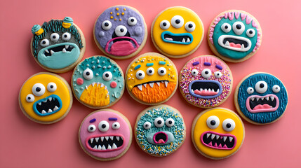 Obraz premium Cartoon cookies decorated with colorful icing and sprinkles, featuring silly monster faces and googly eyes