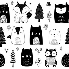 A seamless pattern of modern black doodle sketches depicting isolated wild forest animals on a white backdrop