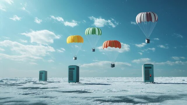 Air Conditioners on parachutes navigating an icy terrain, a surreal voyage