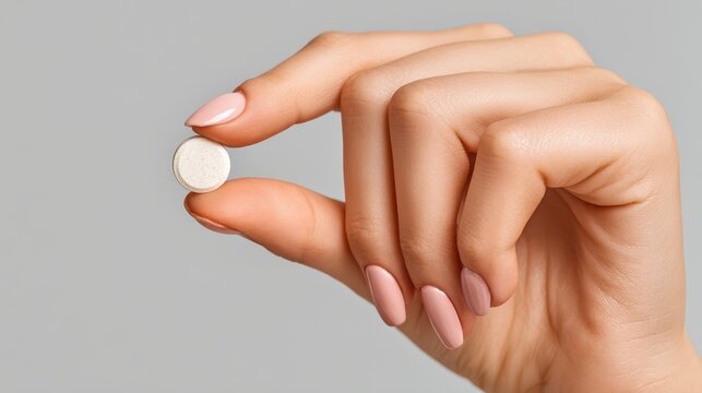 A woman's hand with neatly manicured nails is gently holding a tiny round object, highlighting the contrast between her skin tone and the soft colors