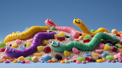 Colorful, squiggly gummy worms with playful expressions crawling across a mound of assorted candies