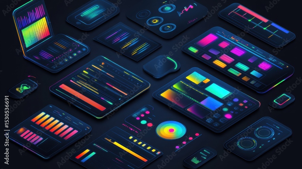 Poster colorful digital interface elements arranged in a top-down view.