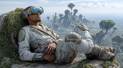 Future man in spacesuit sitting on top of a rock and looking away with vr glasses