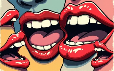 Contemporary color halftone cutouts of a collage of lips and mouths that smile and scream in a retro pop art style. Gossip, fake or pesky news concept. Dadaism elements on a transparent background.