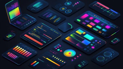 Colorful digital interface elements arranged in a top-down view.